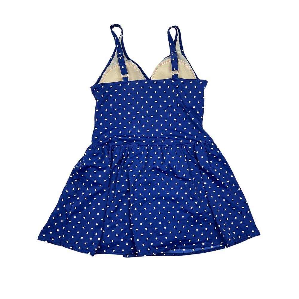 Denim & Co Swim Dress Ruched Flounce One Piece Blue Polka Dot Retro Rockabilly - Picture 4 of 8